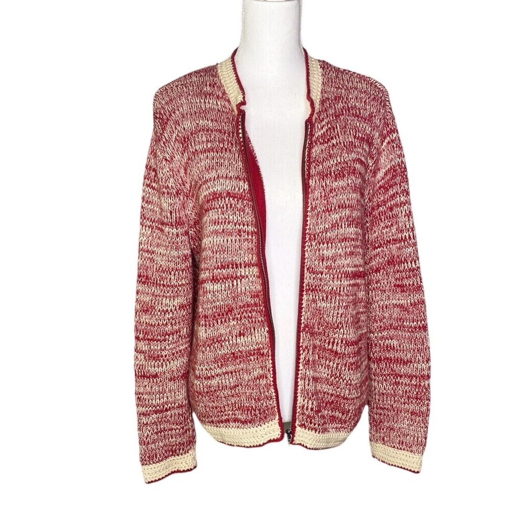 J Jill Sweater Women Sz Small Red Beige Cardigan Chunky Knit Mock Neck Small